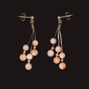 VINTAGE ANGEL SKIN CORAL 14k YELLOW GOLD EARRINGS CHAIN DROP DANGLE BEAD PINK