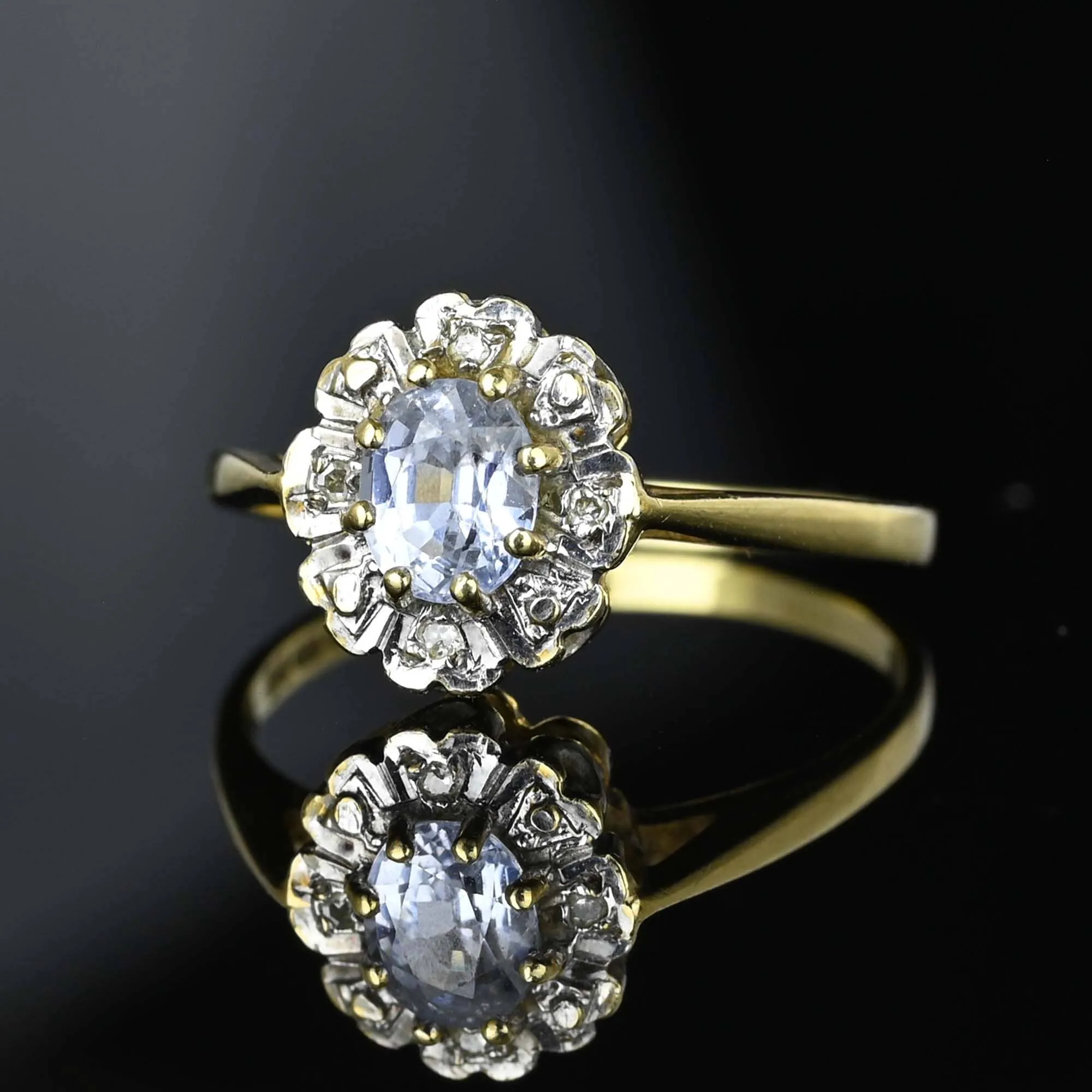 Vintage Gold Diamond Cluster Halo Aquamarine Ring