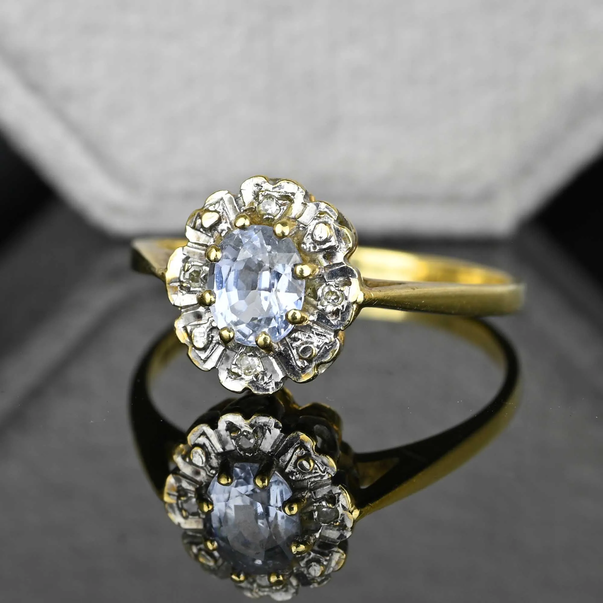Vintage Gold Diamond Cluster Halo Aquamarine Ring
