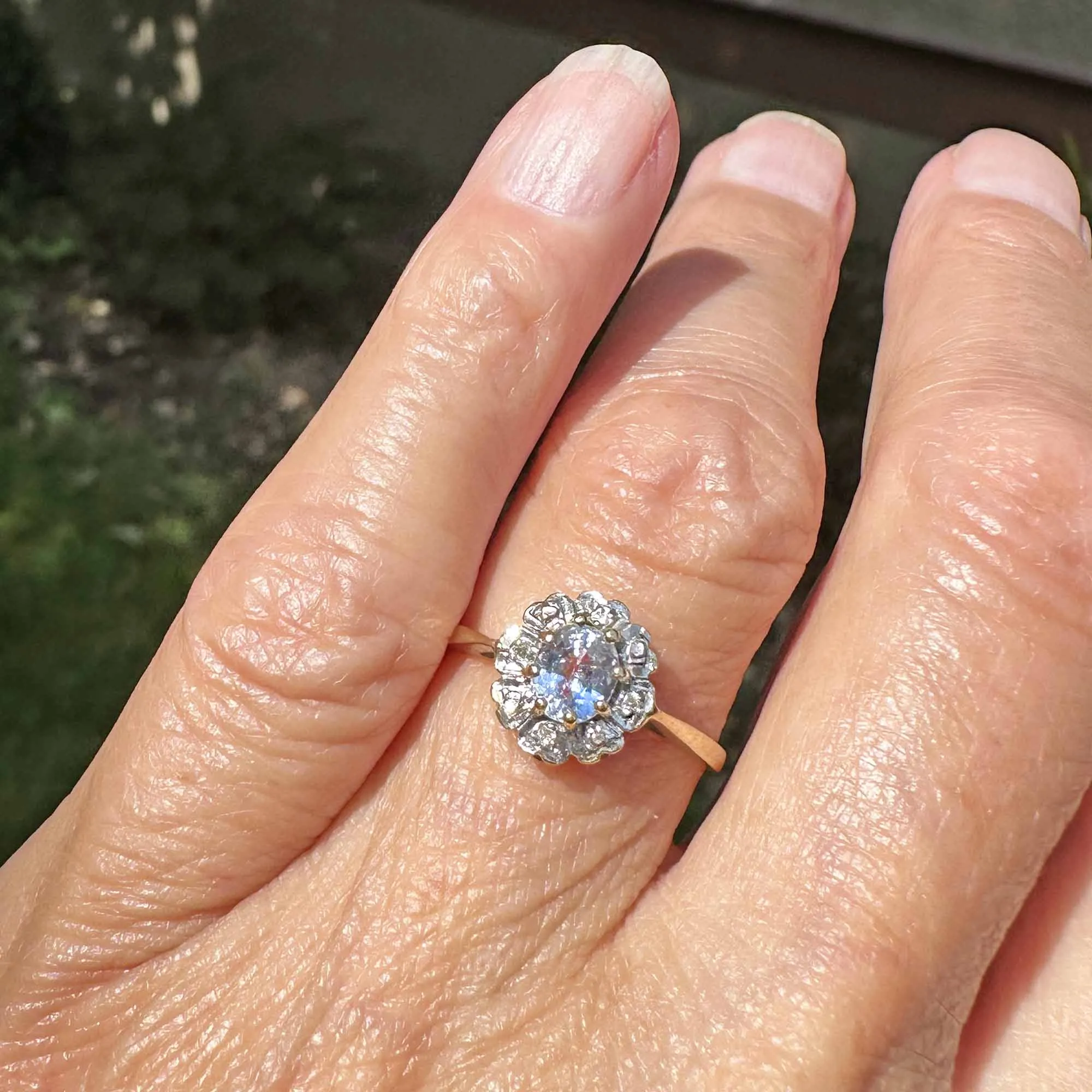 Vintage Gold Diamond Cluster Halo Aquamarine Ring