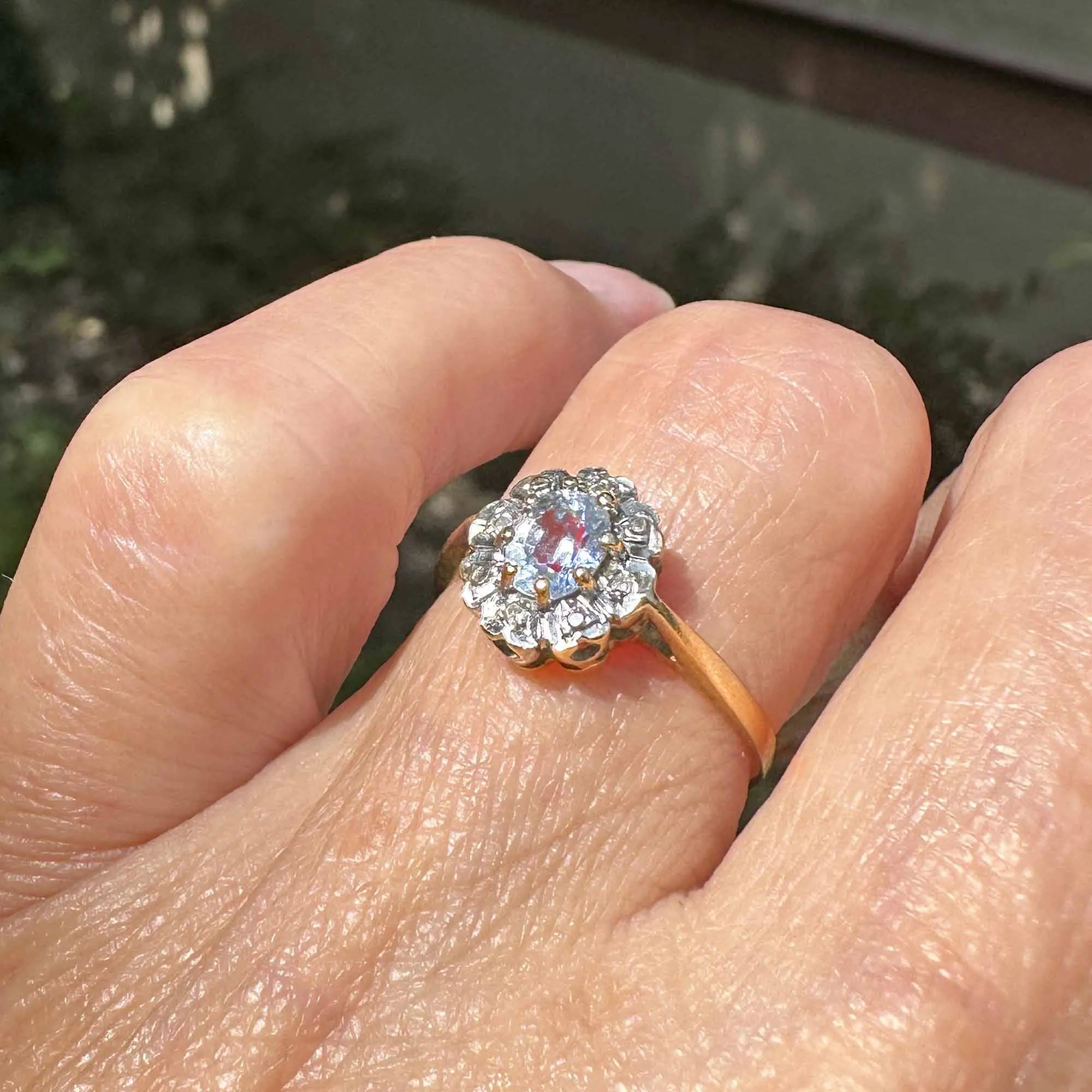 Vintage Gold Diamond Cluster Halo Aquamarine Ring