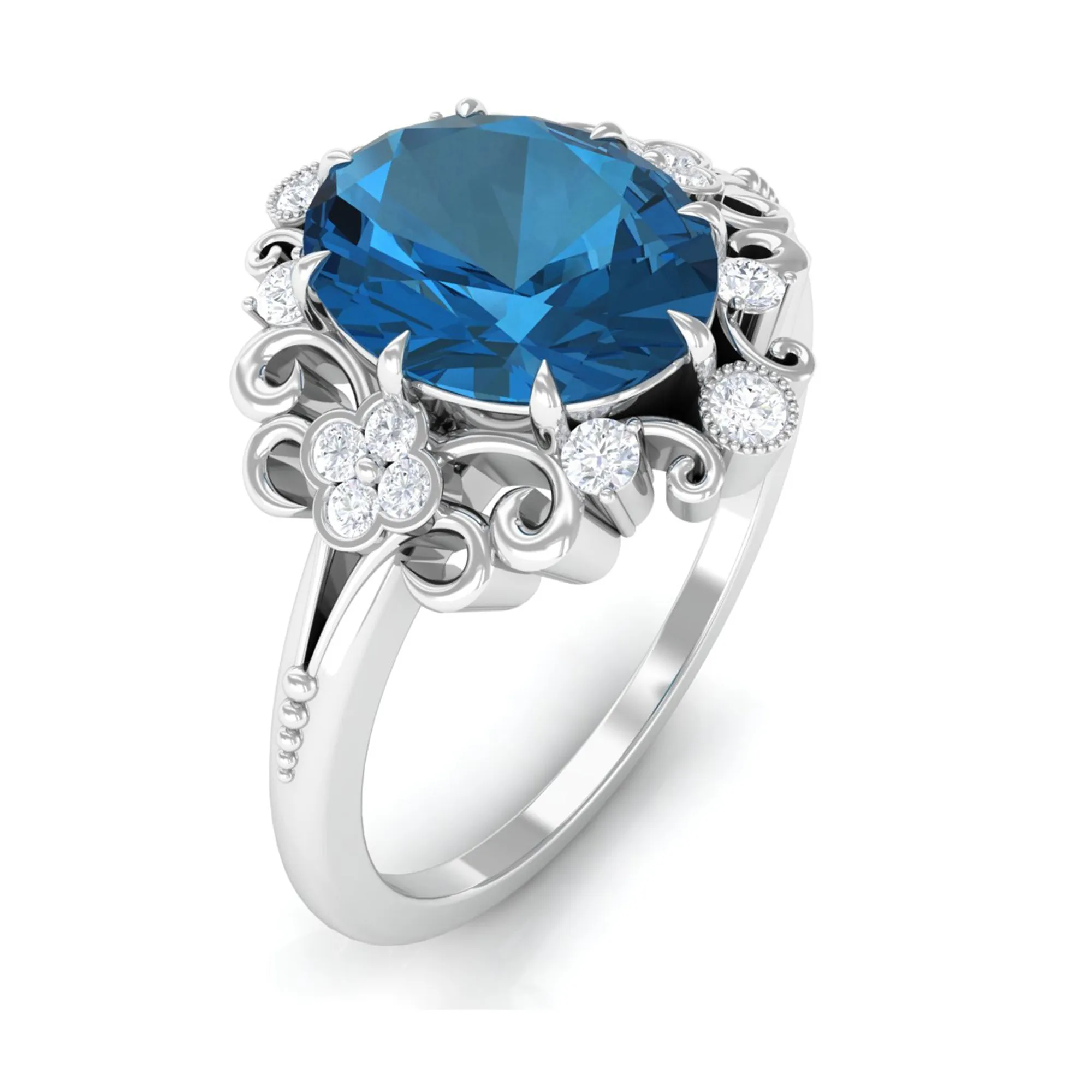 Vintage Inspired London Blue Topaz Engagement Ring with Diamond