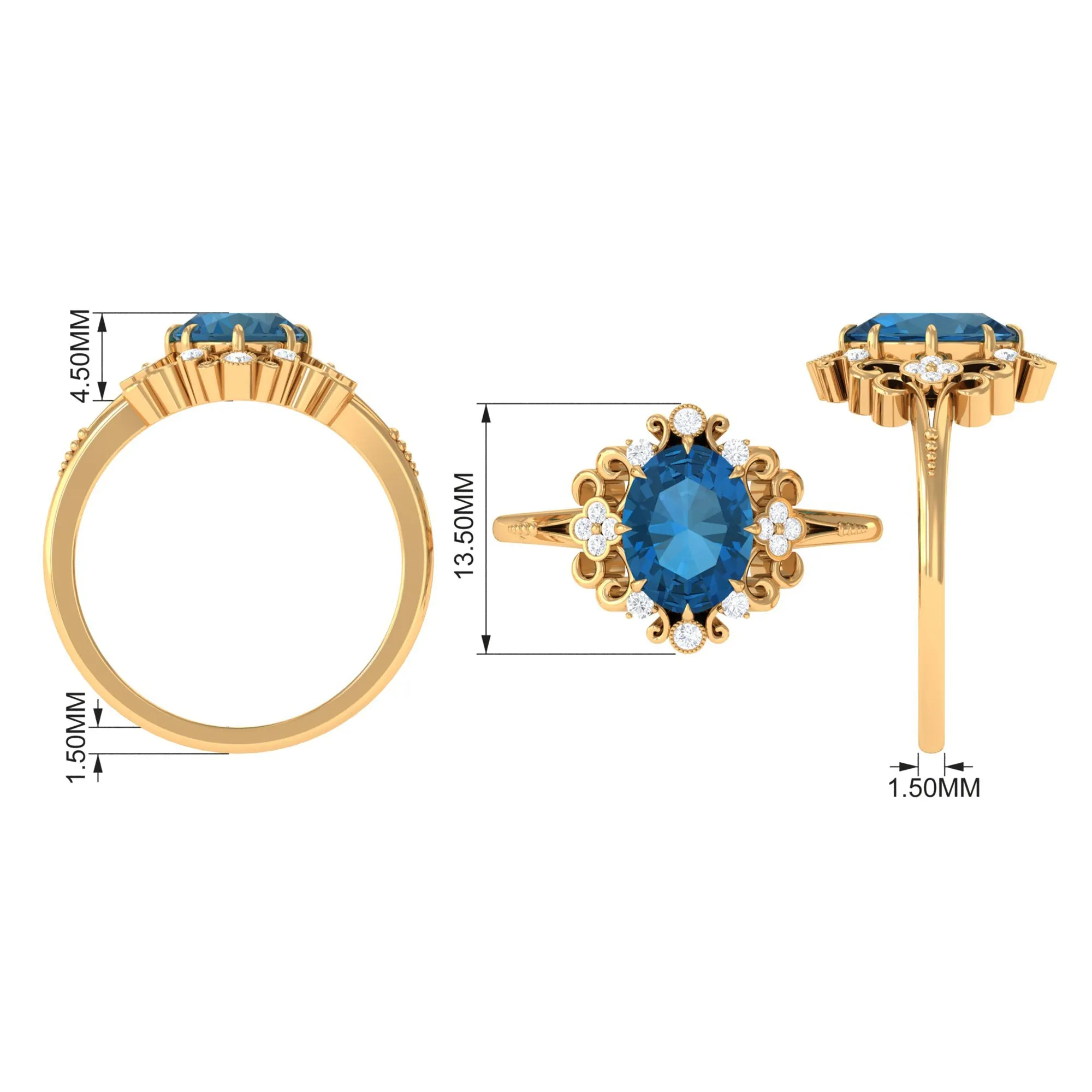 Vintage Inspired London Blue Topaz Engagement Ring with Diamond