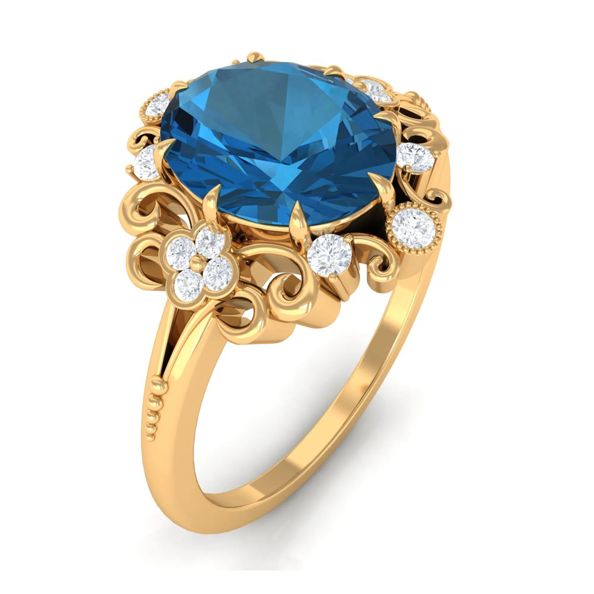 Vintage Inspired London Blue Topaz Engagement Ring with Diamond