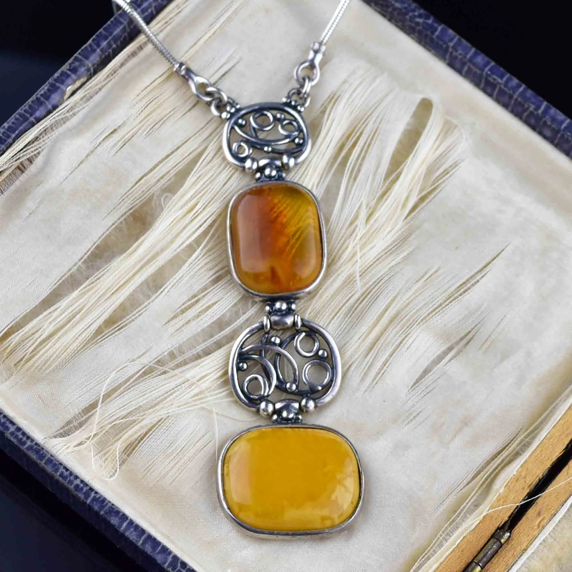 Vintage Silver Butterscotch and Baltic Amber Pendant Necklace