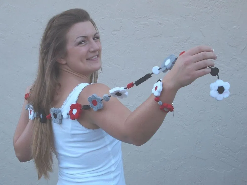 Whimsical Eco-Felt Flower Belt / Lariat in Red, White, Gray and Black