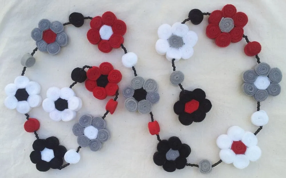 Whimsical Eco-Felt Flower Belt / Lariat in Red, White, Gray and Black