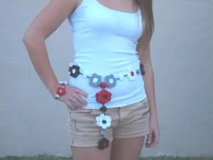 Whimsical Eco-Felt Flower Belt / Lariat in Red, White, Gray and Black