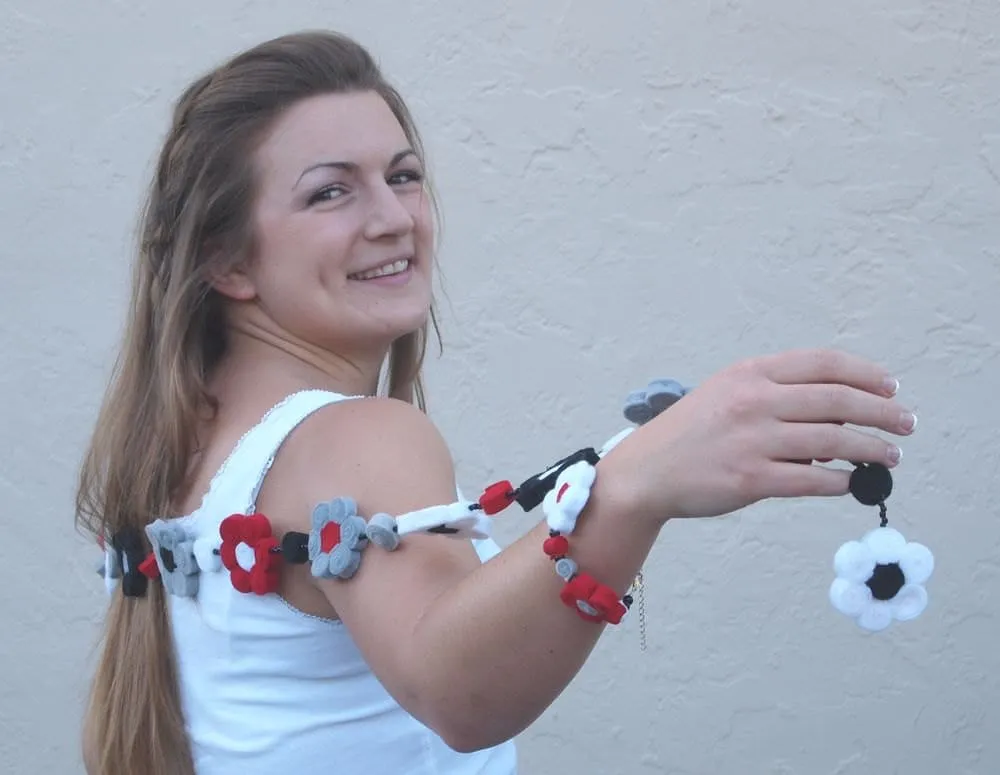 Whimsical Eco-Felt Flower Belt / Lariat in Red, White, Gray and Black