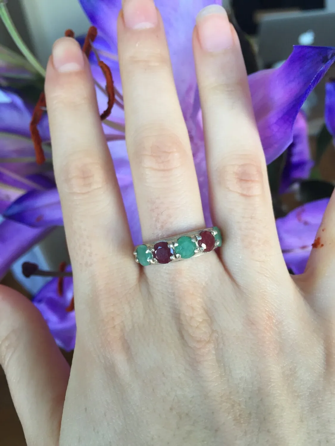 Wide Emerald Ring - Ruby Eternity Band - Multistone Vintage Ring