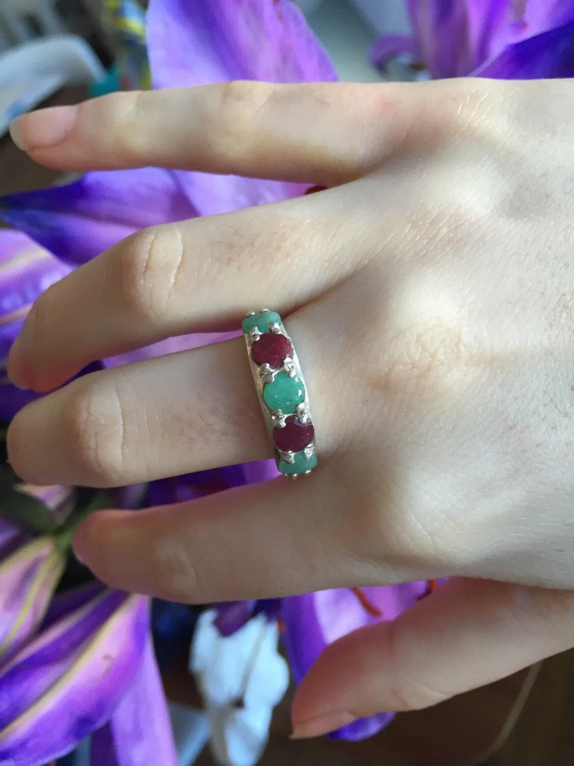 Wide Emerald Ring - Ruby Eternity Band - Multistone Vintage Ring