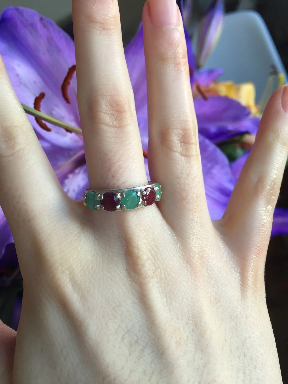 Wide Emerald Ring - Ruby Eternity Band - Multistone Vintage Ring