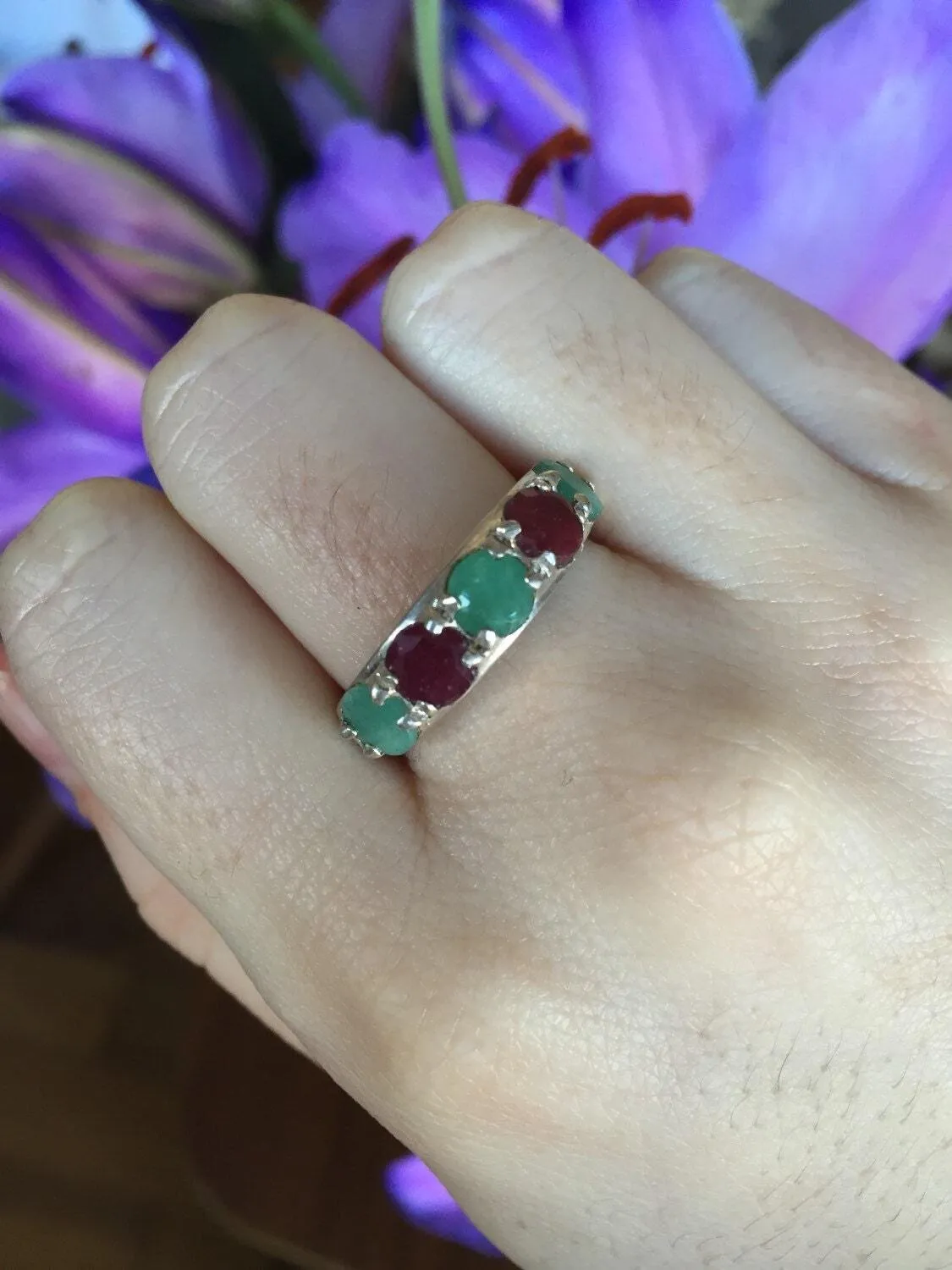 Wide Emerald Ring - Ruby Eternity Band - Multistone Vintage Ring