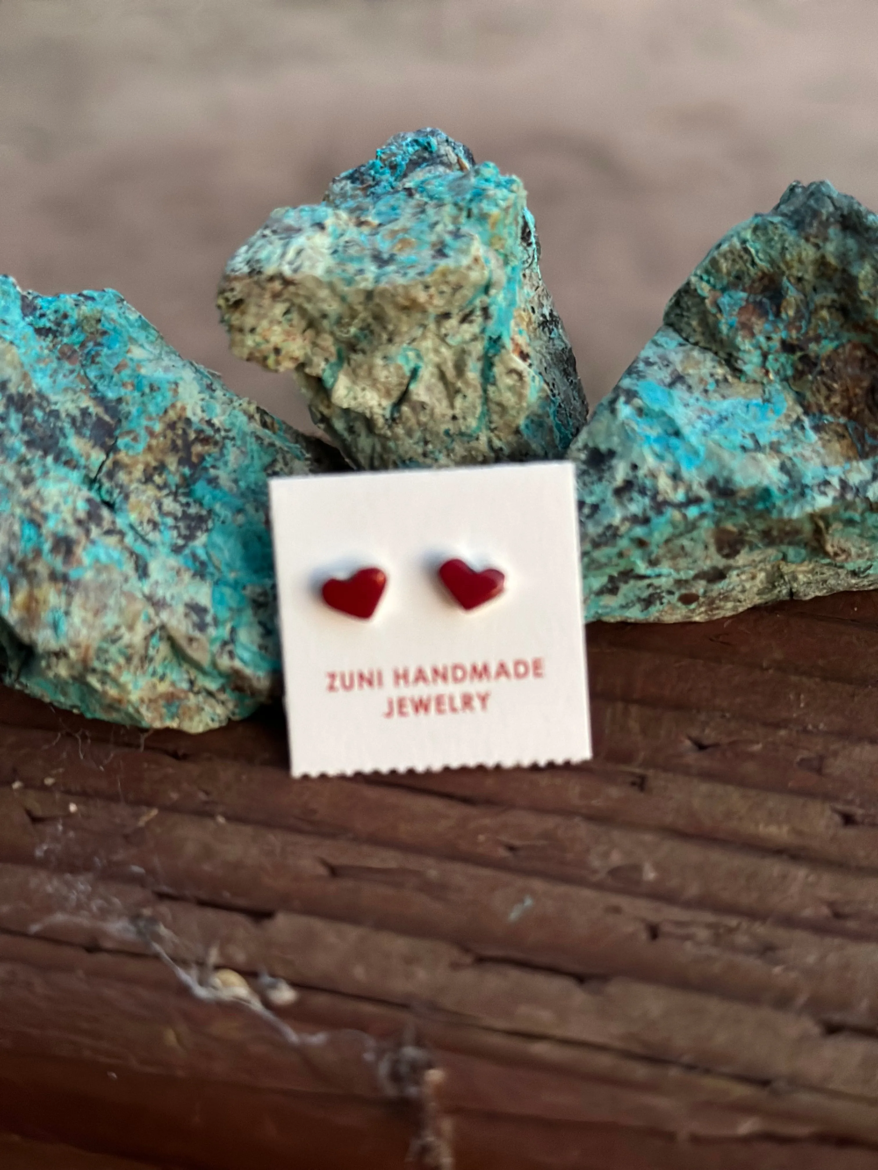 Zuni Coral & Sterling Silver Heart Stud Earrings